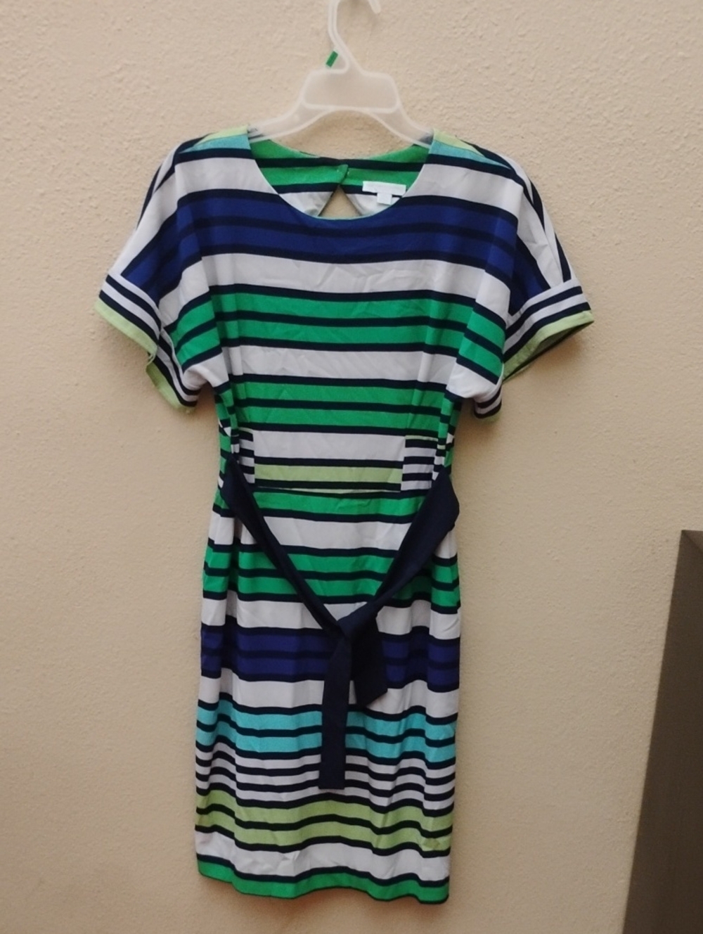 New York & Company Navy, Green & White Striped Midi Dress with Belt